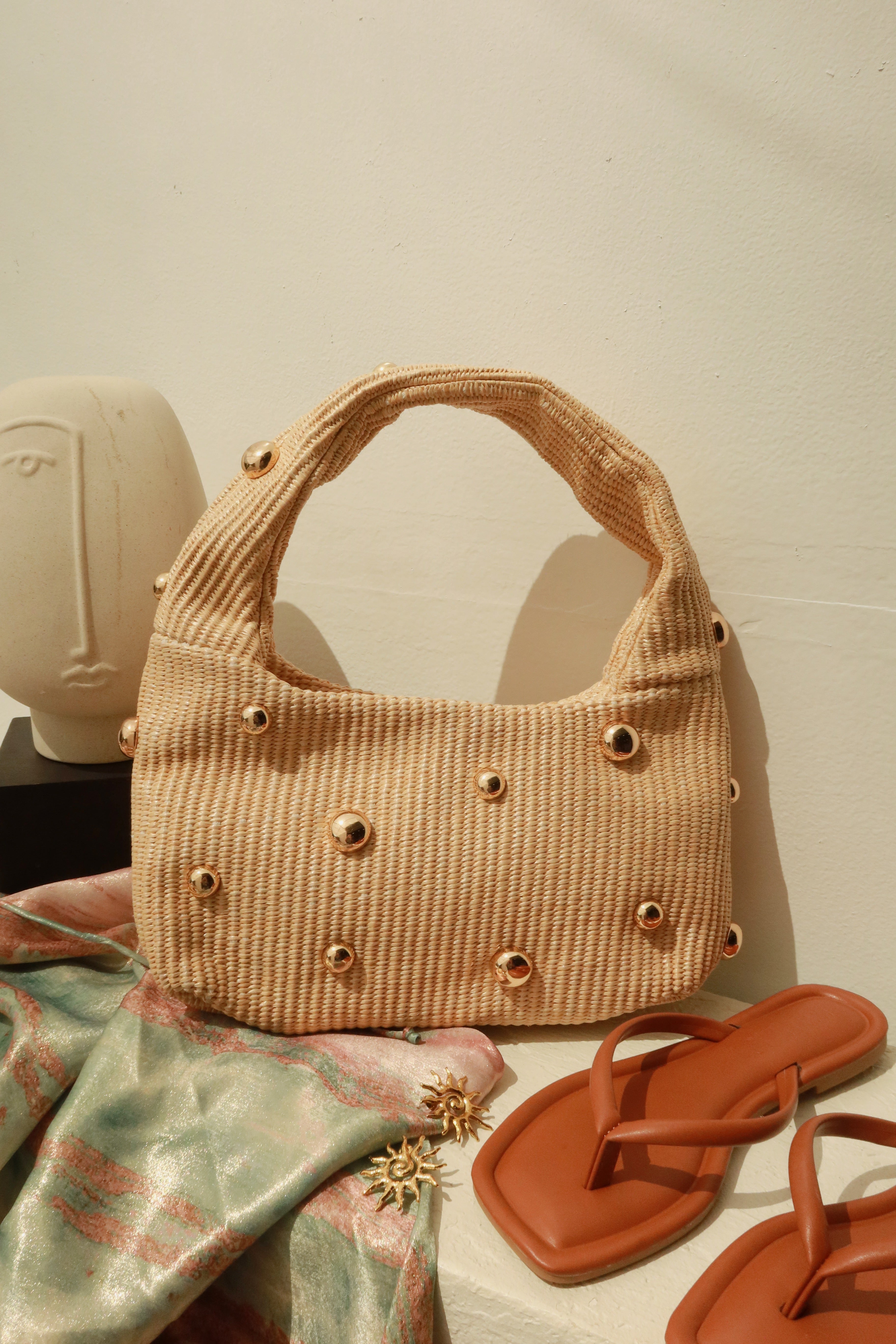 Bora Bora Stud Embellished Straw Shoulder Bag - Natural